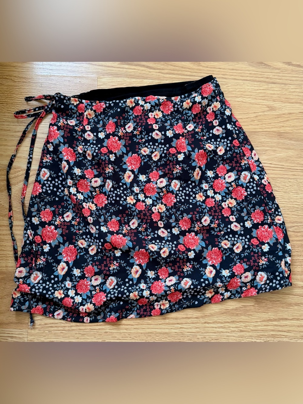 Floral Navy Wrap Skirt with Red & Cream Blooms